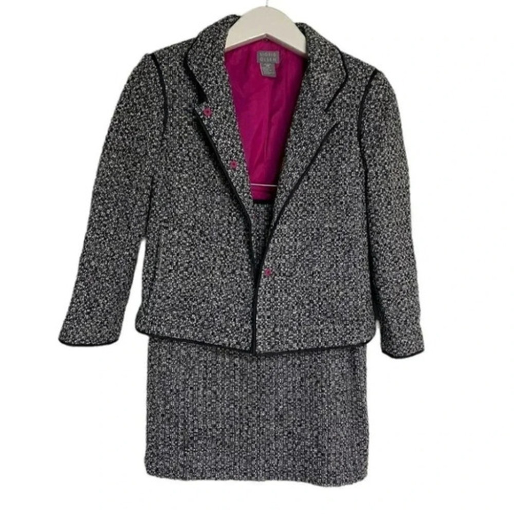 Sigrid Olsen Skirt Suit 4P Black White Tweed Wool Blend Cropped Jacket Set‎